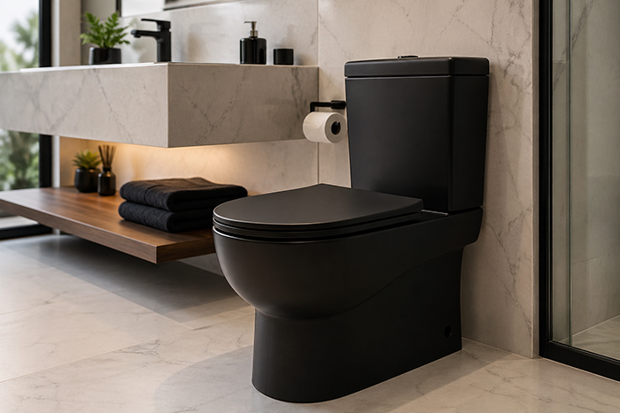 vaso sanitário preto com caixa acoplada em banheiro moderno, acabamento fosco, decoração sofisticada com mármore claro, iluminação natural suave, ambiente elegante, estilo minimalista, fotografia realista, alta resolução, foco em detalhes, fundo levemente desfocado