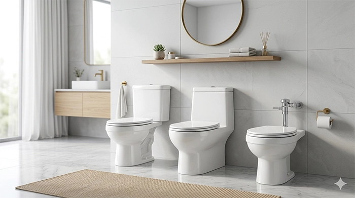 Três diferentes tipos de vaso sanitários brancos modernos alinhados lado a lado em um banheiro com piso de mármore e parede cinza. Da esquerda para a direita: um modelo com caixa acoplada, um modelo monobloco e um modelo convencional com válvula de parede visível. A imagem é limpa e serve para comparação de produtos.