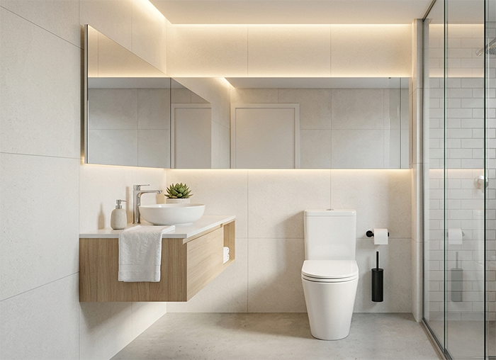 “Banheiro clean com privada acoplada completa, decoração minimalista, tons claros, espelho grande, iluminação premium, ambiente organizado, ultra realista, estilo revista de arquitetura”