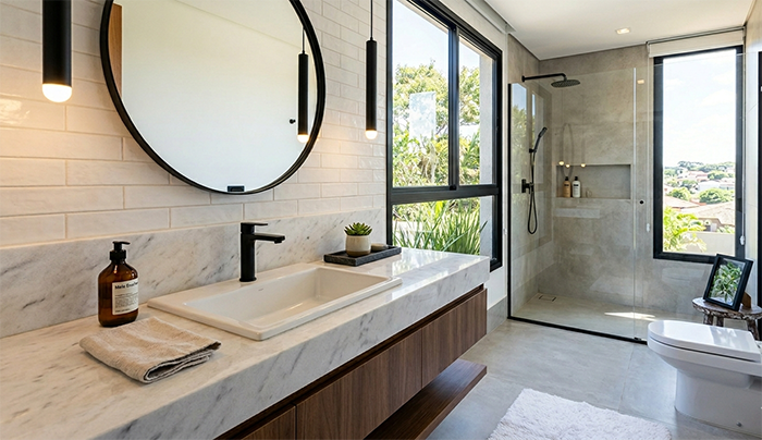 Banheiro moderno com cuba retangular para banheiro branca sobre bancada de mármore claro, torneira preta minimalista, iluminação natural, decoração sofisticada, estilo contemporâneo, fotografia imobiliária premium