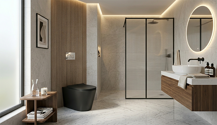 Banheiro elegante com vaso sanitario monobloco sem caixa acoplada, acabamento premium branco brilhante, decoração contemporânea, iluminação suave, visual sofisticado, fotografia ultra realista para blog de decoração.