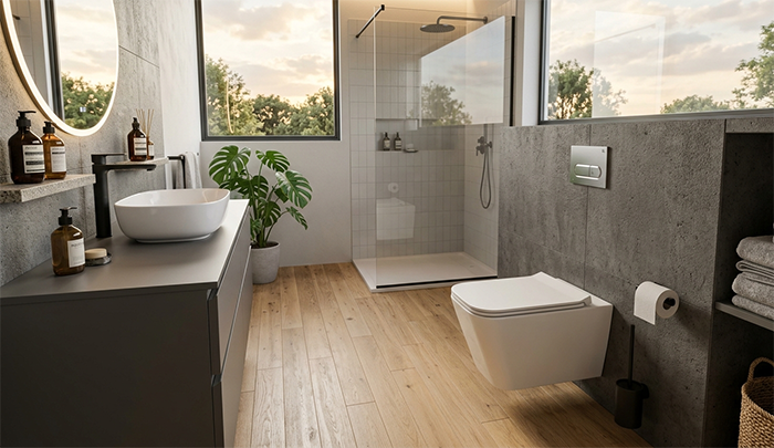 Vaso sanitario moderno branco com caixa acoplada em banheiro luxuoso minimalista, iluminação natural suave, acabamento premium, decoração contemporânea, fotografia ultra realista, detalhes nítidos, estilo revista de arquitetura, ambiente sofisticado