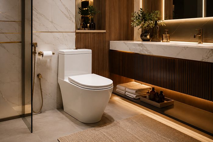 Vaso sanitário incepa boss em banheiro de luxo contemporâneo, detalhes em madeira e mármore, decoração elegante, iluminação LED indireta, ambiente premium, fotografia ultra detalhada realista