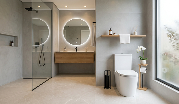 Banheiro moderno com vaso sanitário monobloco branco de design premium, decoração minimalista, iluminação natural elegante, acabamento sofisticado, porcelanato claro, estilo fotográfico realista, alta definição