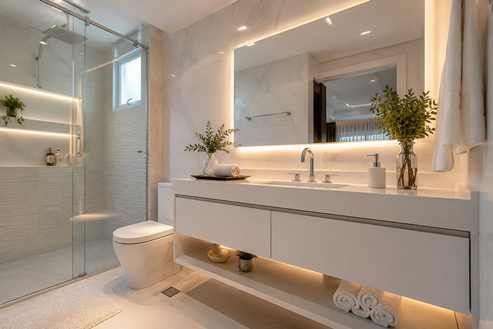 Banheiro moderno com armario banheiro com cuba branco, espelho iluminado LED, acabamento premium, decoração sofisticada, ambiente clean, fotografia arquitetônica profissional, ultra realista, 8K, iluminação natural, design contemporâneo.