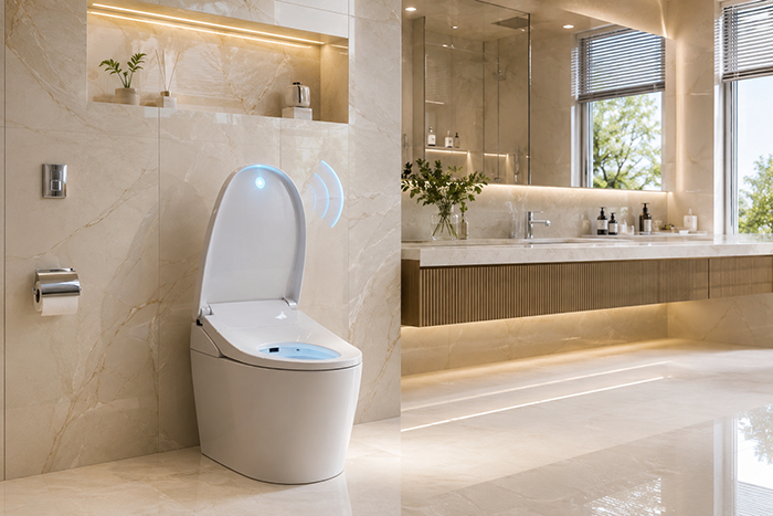 Vaso sanitário automático instalado em banheiro moderno com acabamento premium.