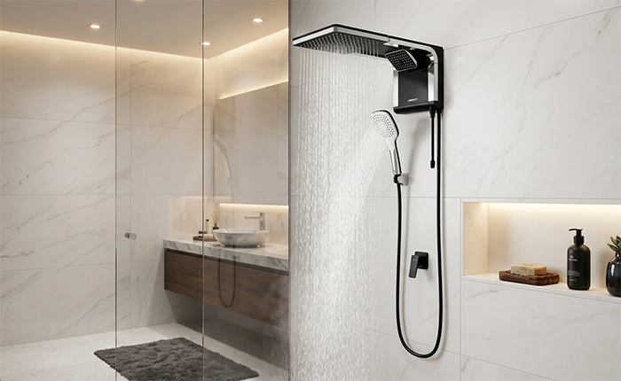 Chuveiro Lorenzetti Acqua Duo Ultra instalado em banheiro moderno com ducha principal e chuveirinho.