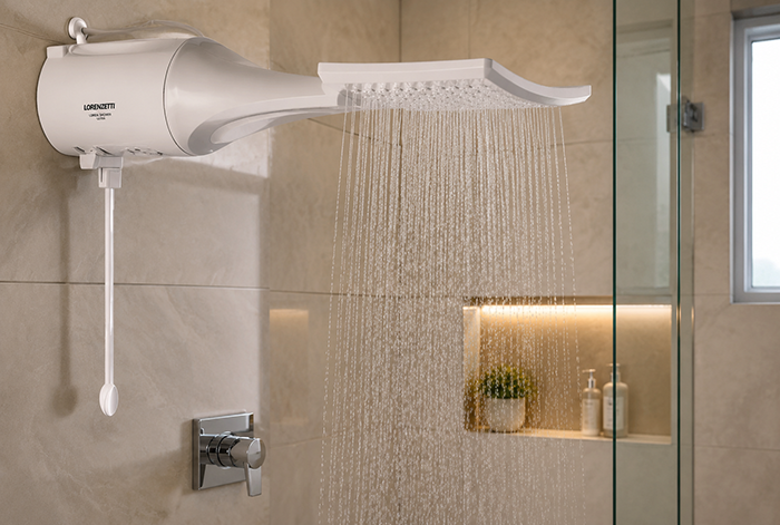 Ducha Lorenzetti Loren Shower Ultra instalada em banheiro moderno com água quente em funcionamento.