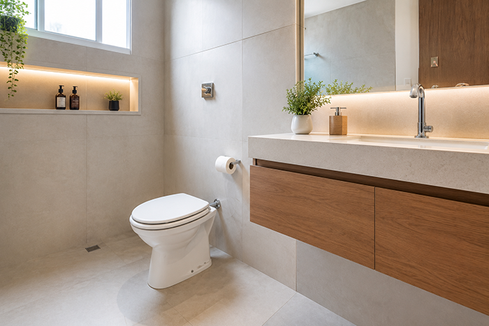 Kit vaso sanitário convencional branco instalado em banheiro moderno com acabamento premium.