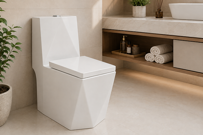 Vaso Diamante Tubrax VAB0005 monobloco branco instalado em banheiro moderno