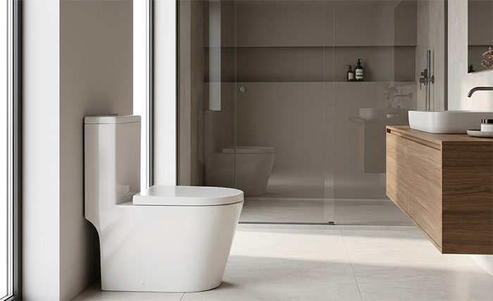 Vaso sanitário Tubrax monobloco branco instalado em banheiro moderno
