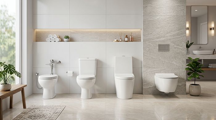 Diferentes tipos de vaso sanitário em showroom moderno, incluindo modelos convencional, com caixa acoplada, monobloco e suspenso.